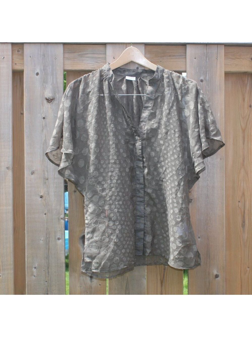 Sheer Olive Green Button Up Blouse Women's Size Large BUBBLE TEA BLISS